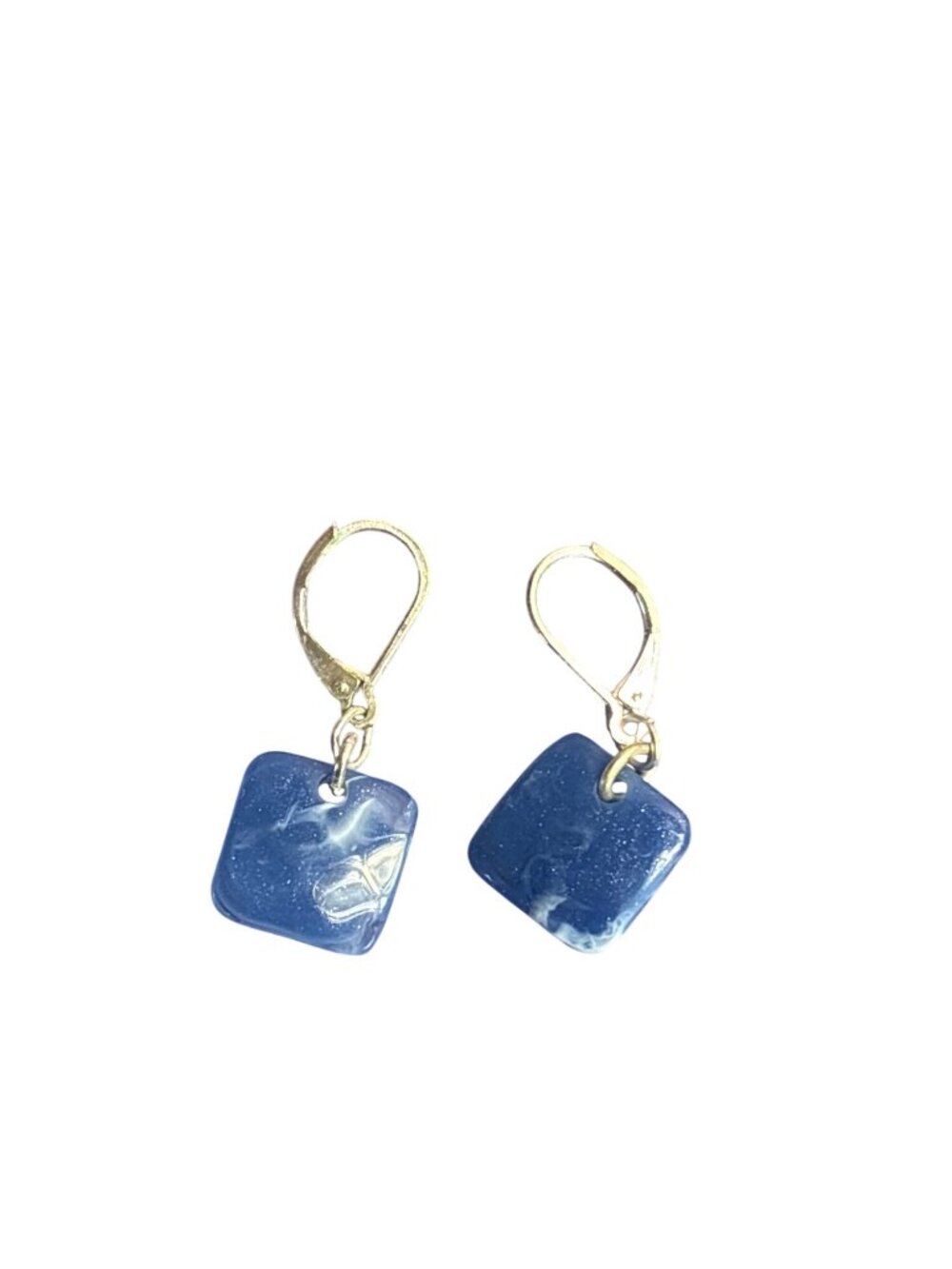 Blue Glittery White Swirl Square Bead Dangle Earrings Silvertone Leverback